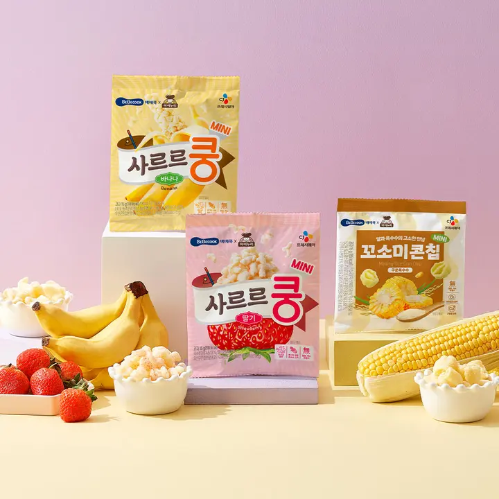 베베쿡 사르르쿵 미니, 바나나 15g 3개 + 딸기 15g 3개 + 꼬소미콘칩 구운옥수수맛, 15g, 3개