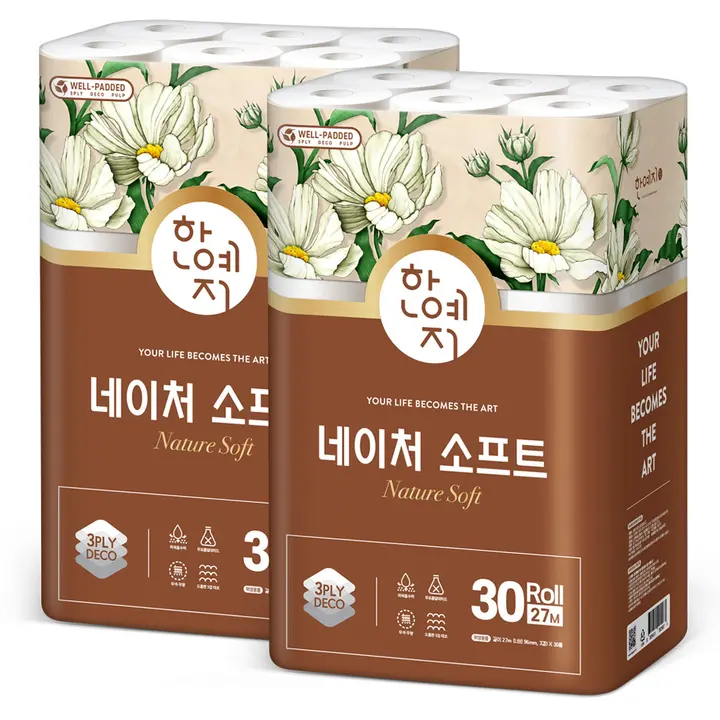 한예지 네이처 소프트 롤 화장지, 3겹, 27m, 30롤, 2팩