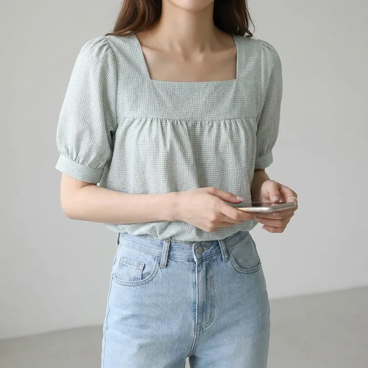 쉬블림로브 스퀘어넥 체크 블라우스 GW1715, FREE, 1개