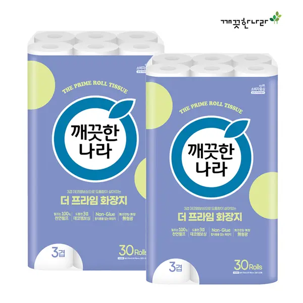 깨끗한나라 3겹 데코엠보 더 프라임 롤화장지, 25m, 30롤, 2개