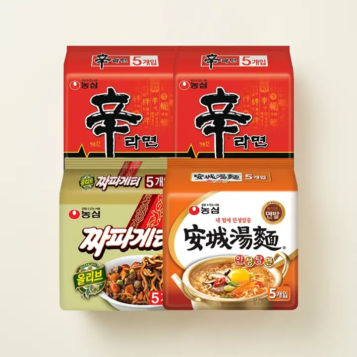 농심, 신라면, 120g, 10개 + 안성탕면, 125g, 5개 + 짜파게티, 140g, 5개