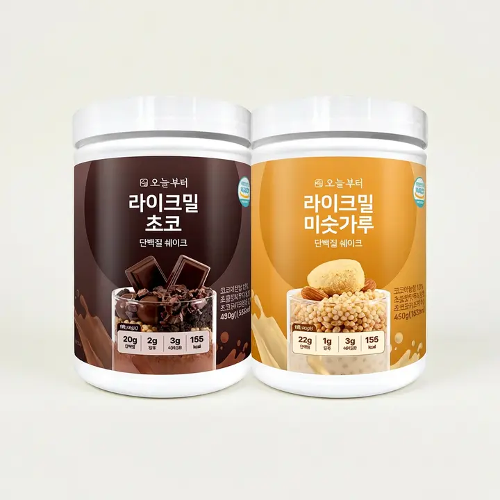 오늘부터 라이크밀 단백질 쉐이크, 초코맛 450g 1개 + 미숫가루맛 450g 1개, 2개