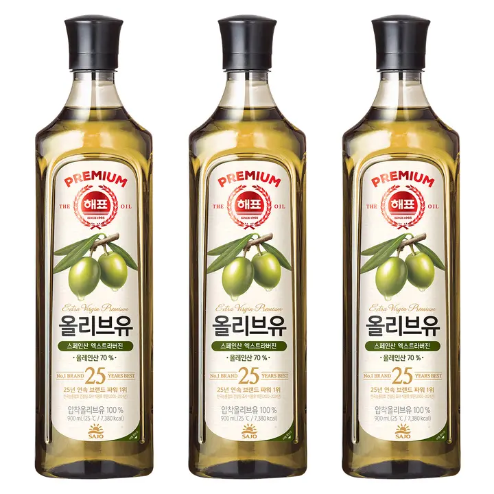 해표 엑스트라버진 압착 올리브유, 900ml, 3개