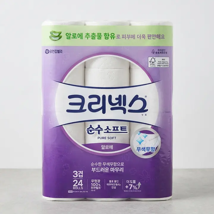 크리넥스 순수소프트 알로에 화장지, 3겹, 28m, 24롤, 2팩