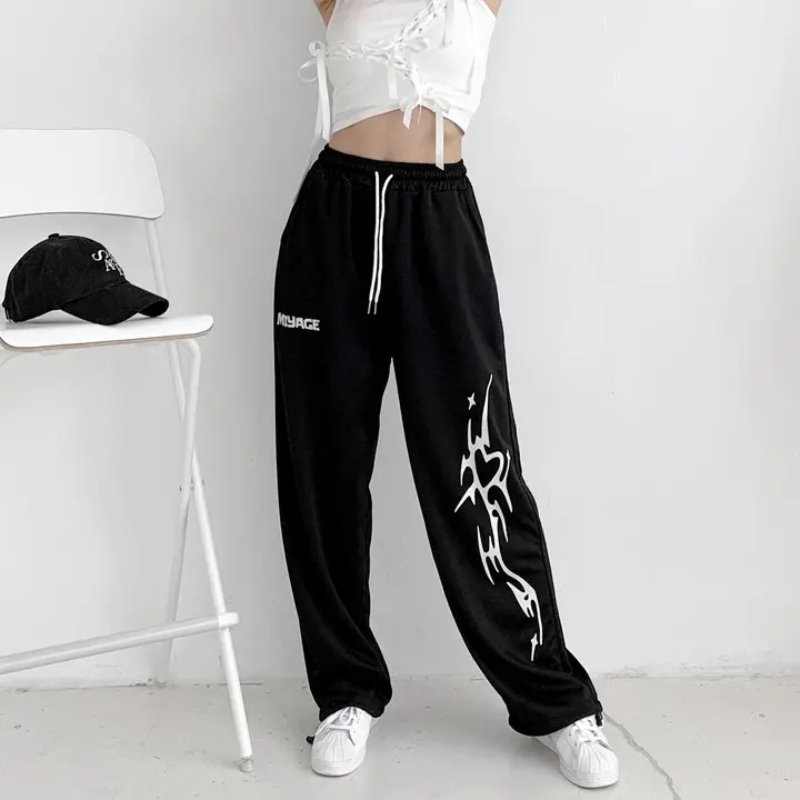 루트엑스 MIYAGE 레터링 루즈핏 댄스 바지, 블랙, M