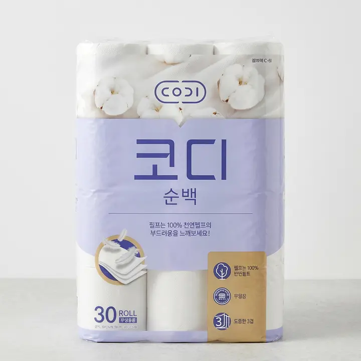 코디 순백 두루마리 휴지, 3겹, 25m, 30롤, 1개