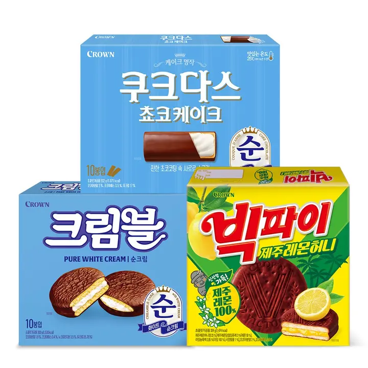 크라운 쿠크다스 초코케이크 202g + 크림블 순크림 300g + 빅파이 레몬 324g, 1세트