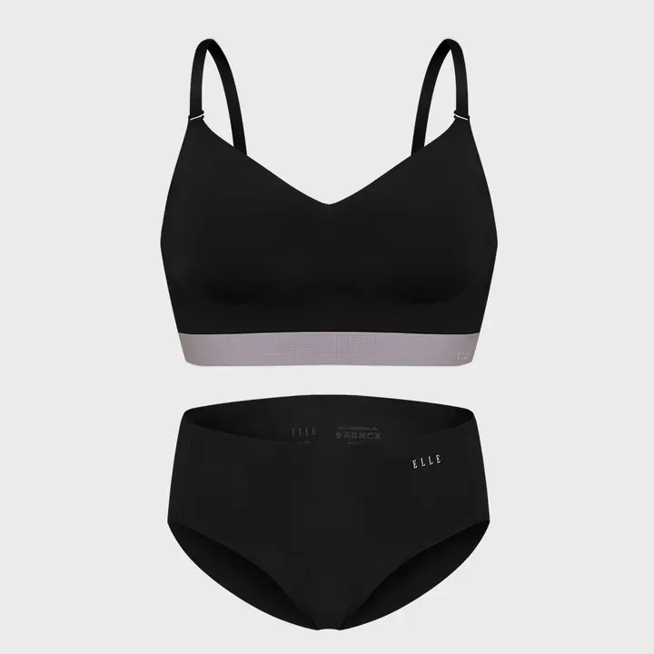 엘르 이너웨어 에어리 컴포트핏 심리스 브라 팬티 세트, 블랙, S90