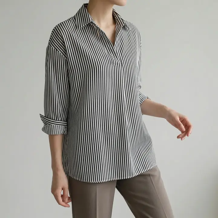 쉬블림로브 여성 스트라이프 반오픈 카라 데일리 블라우스 GW0607, 원컬러, FREE