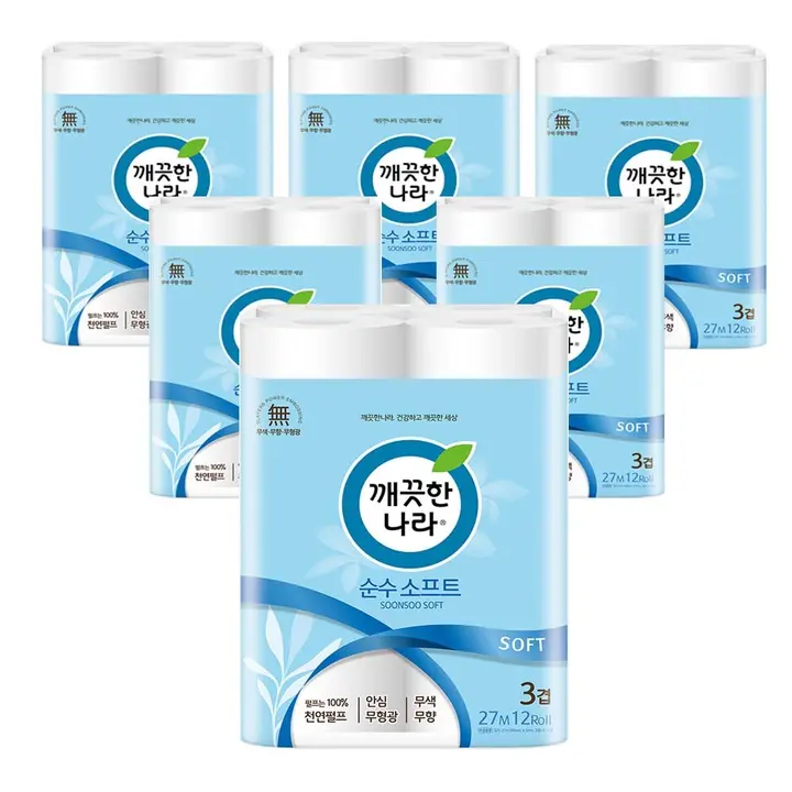 깨끗한나라 순수 소프트, 3겹, 27m, 12롤, 6팩
