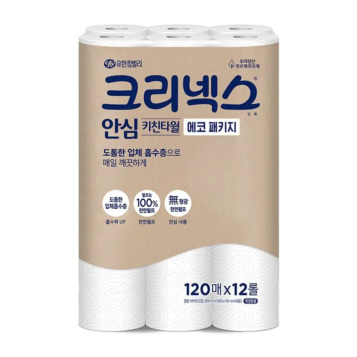크리넥스 안심 키친타월 에코 패키지, 2겹, 120매, 12롤, 1팩