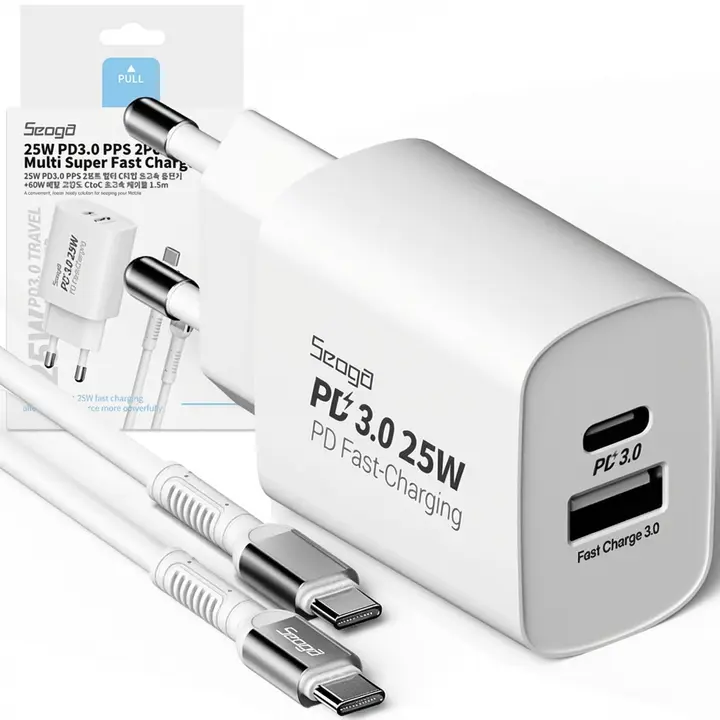 서가 25W PD3.0 PPS 2포트 멀티 초고속 충전기, SG-PDC2500A, 화이트, 1개 + 60W PD CtoC 고급형 케이블, 1개