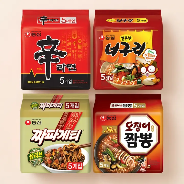 농심, 신라면, 120g, 5봉 + 너구리, 120g, 5봉 + 짜파게티, 140g, 5봉 + 오징어짬뽕, 124g, 5봉