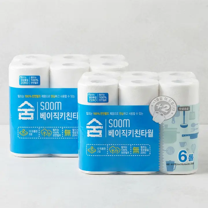 숨 베이직 키친타월, 2겹, 100매, 6롤, 2팩