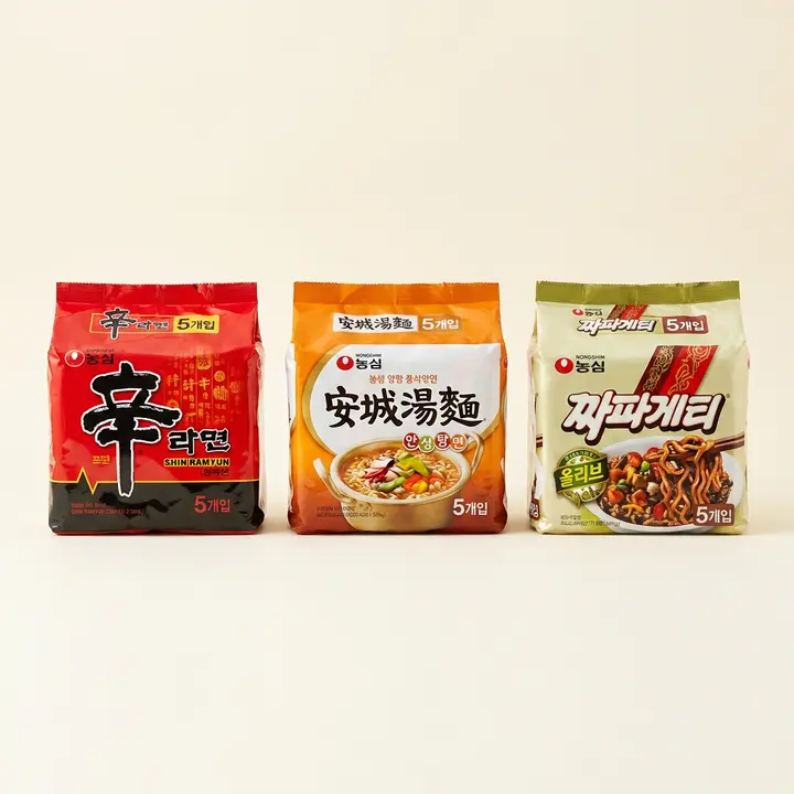 농심 신라면, 120g, 5개 + 안성탕면, 125g, 5개 + 너구리, 120g, 5개 + 짜파게티, 140g, 5개