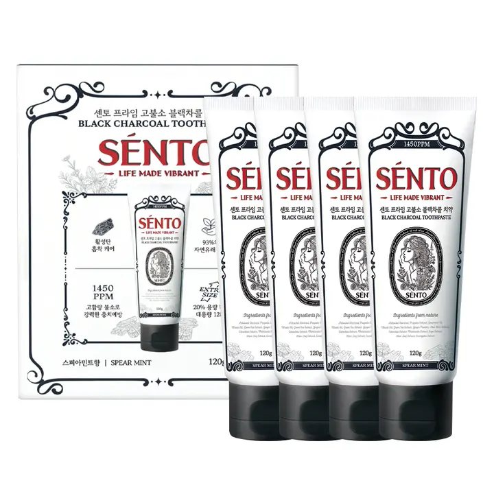 센토 프라임 고불소 블랙차콜 치약, 스피아민트향, 120g, 4개