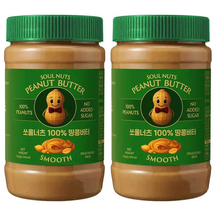 쏘울너츠 100% 땅콩버터 스무스, 500g, 2개