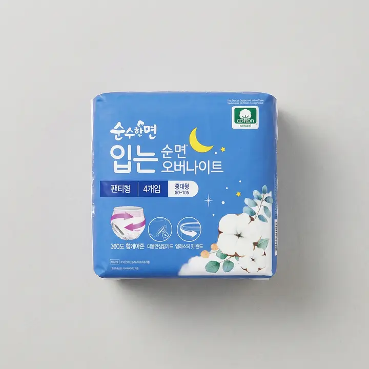 깨끗한나라 순수한면 입는 오버나이트 생리대, 중대형, 4개입, 4팩