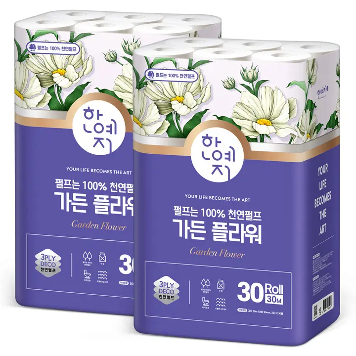 한예지 가든 플라워 3겹 천연펄프 화장지, 30cm, 30M, 30롤, 2팩