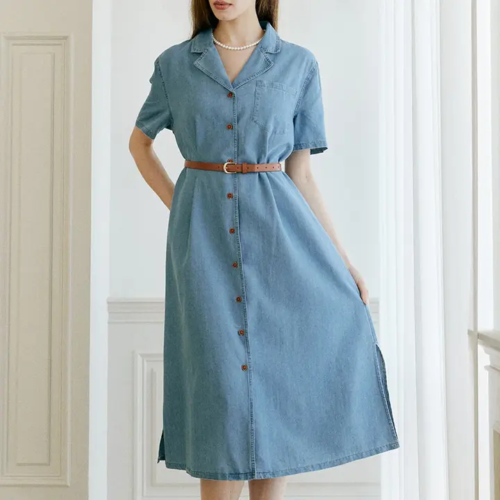 25SS 반팔 데님 원피스 벨트 세트, 라이트블루, M, 100개