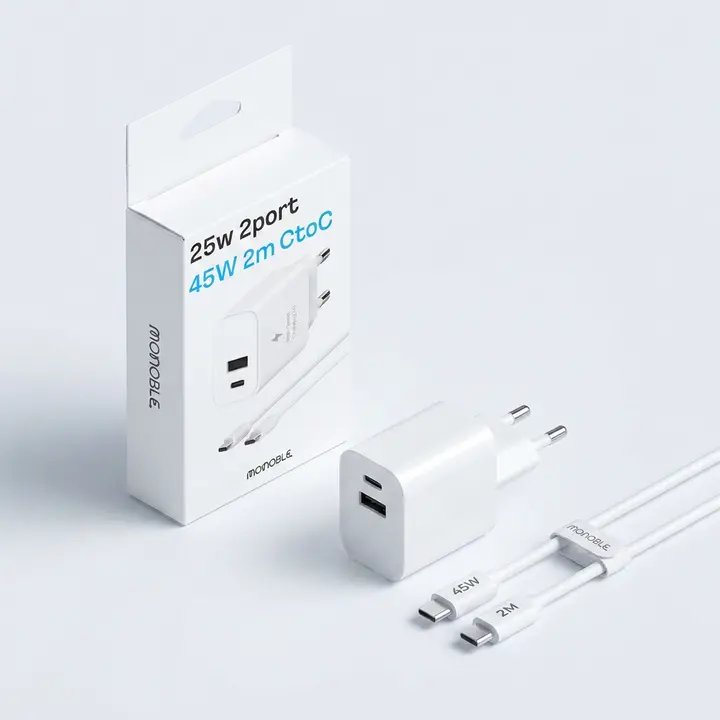 모노블 25W 2포트 초고속 가정용 충전기 + 45W 2m C to C 케이블 세트, 화이트, 1개
