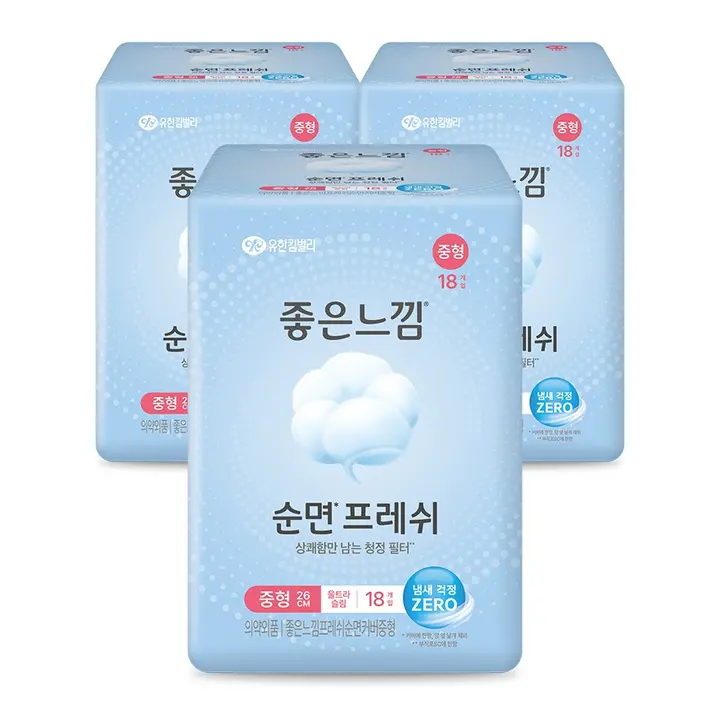 좋은느낌 순면프레쉬 생리대, 중형, 18매, 3팩