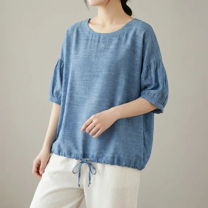 쉬블림로브 여성 유넥 반팔 시원한 스트링 데일리 모임룩 블라우스 GW2049, 원컬러, FREE
