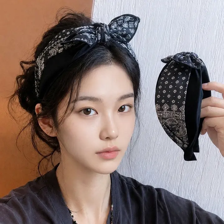 페이즐리 반다나 리본 와이드 헤어밴드, 블랙+인디고블루, 2개