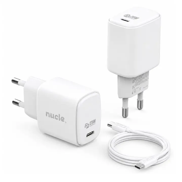 뉴클 PD 25W GaNC타입 초고속 충전기 1포트, 2개 + C to C 100W 케이블, 1m, 화이트, 1개