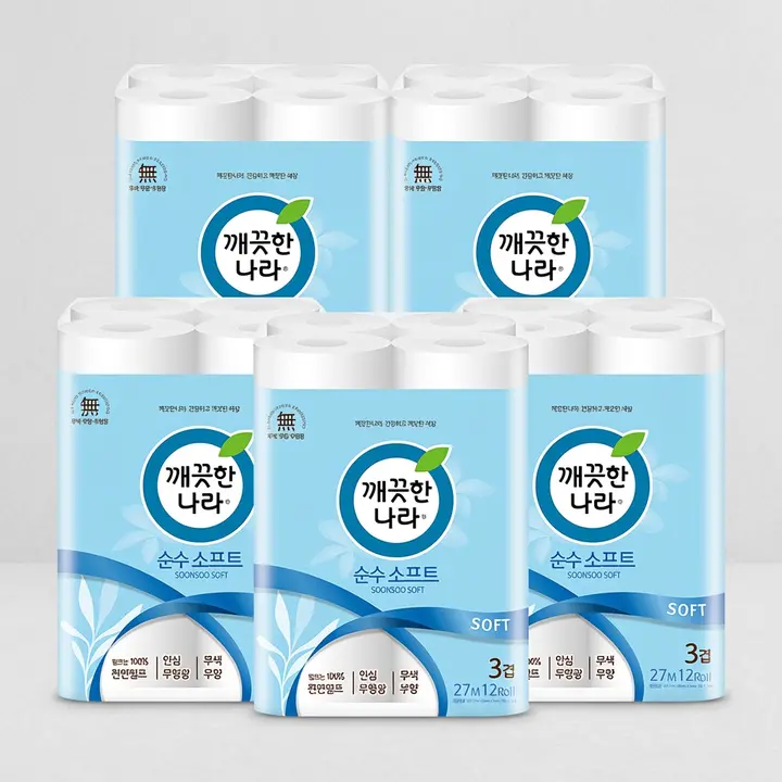 깨끗한나라 순수 소프트, 3겹, 27m, 12롤, 5팩